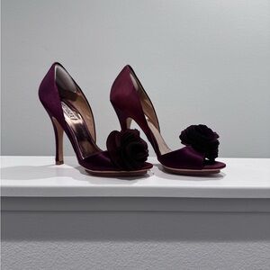 Badgley Mischka Randall D’Orsay, satin “Blossom” Burgundy pumps